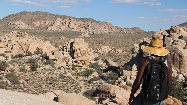 hiker looks out over Lost Valley, Joshua Tree