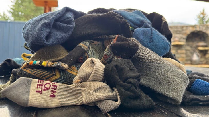 Closeup of a pile of socks on table top