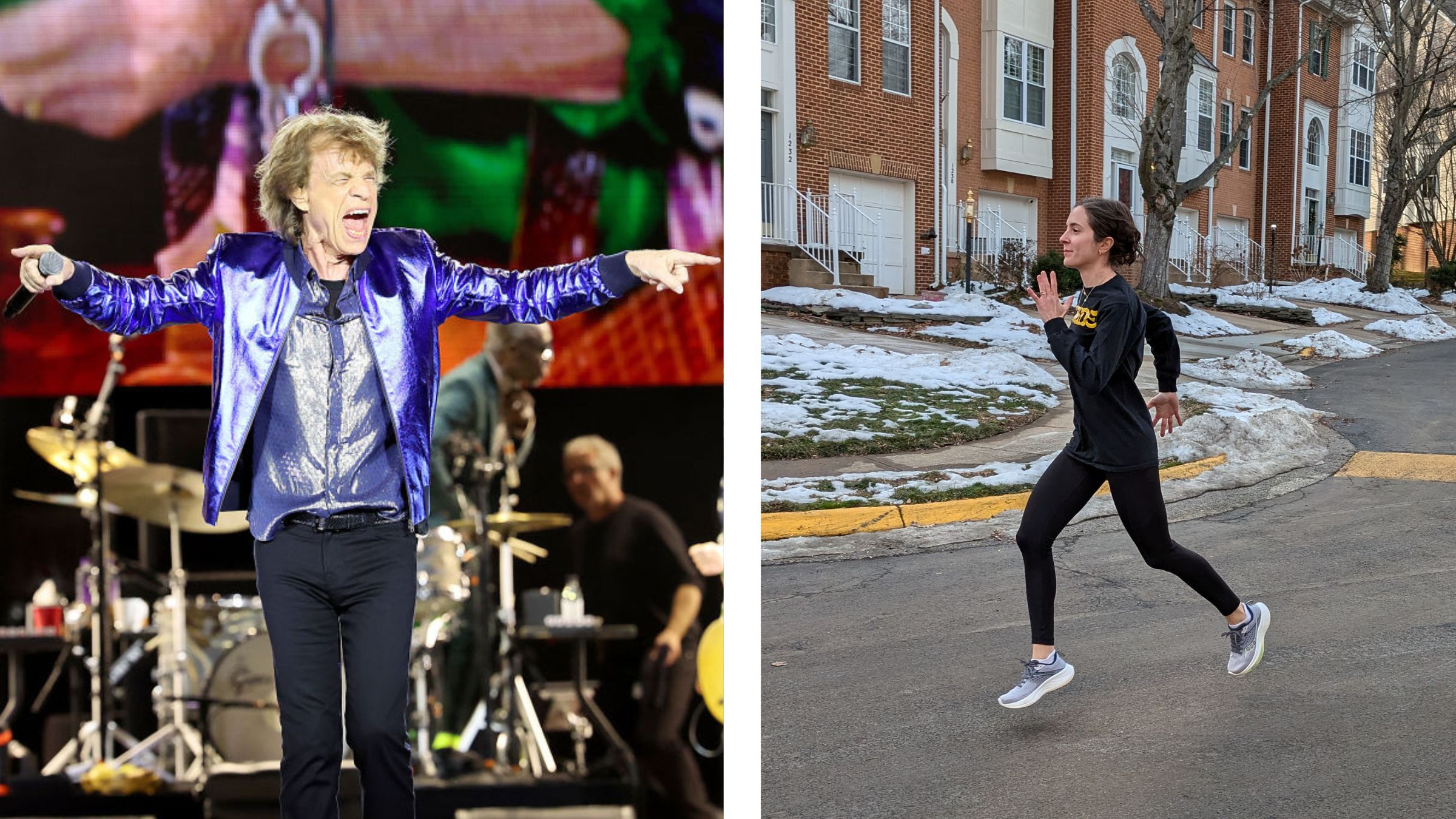 Mick Jagger performing on the left; woman running in black outside on the right