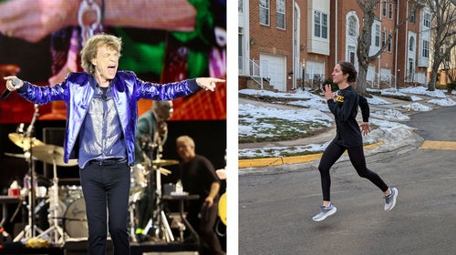 Mick Jagger performing on the left; woman running in black outside on the right