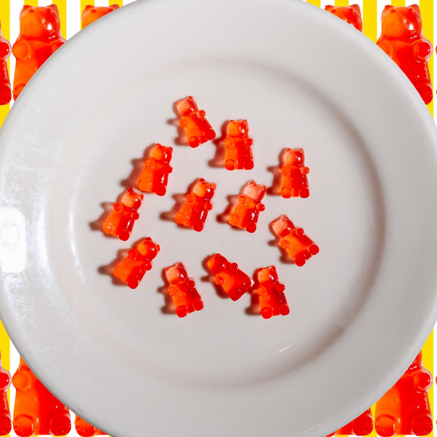 Red gummy bears on a plate