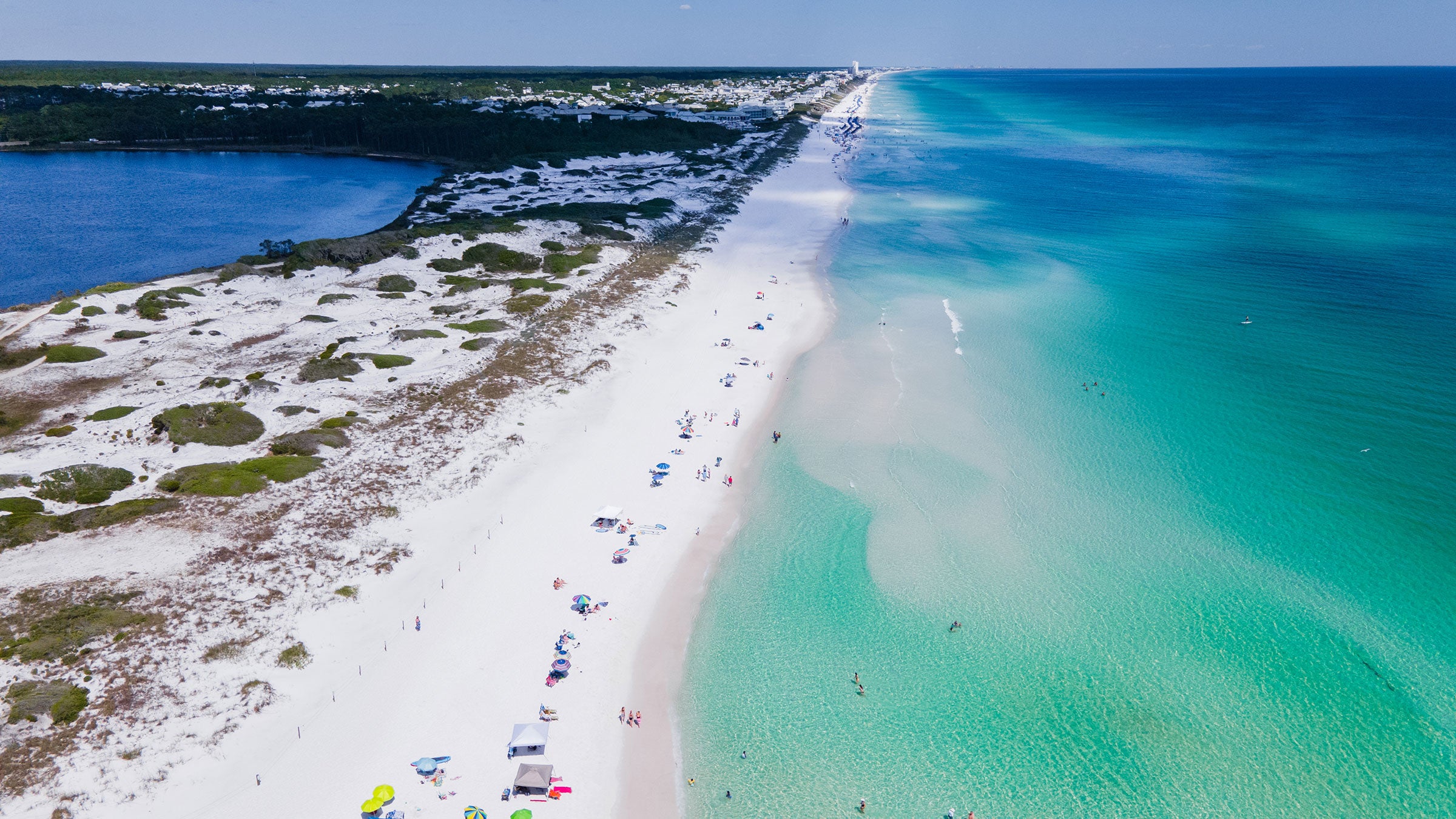 Grayton Beach drone shot of white sand and turquoise waters in Florida