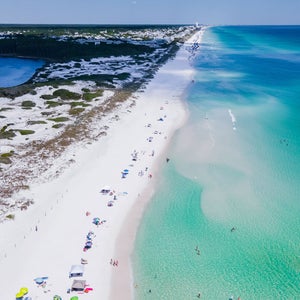 Grayton Beach drone shot of white sand and turquoise waters in Florida