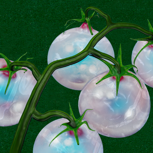 Illustration of plastic tomatoes on dark green background