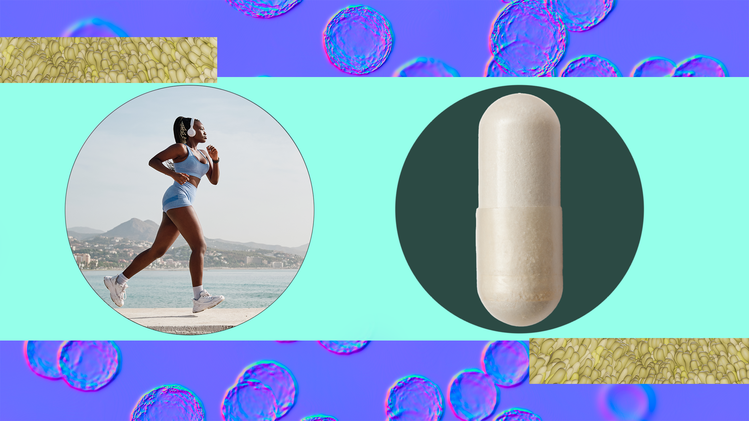 A woman jogging and a probiotic capsule next to her