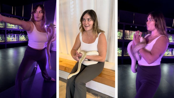 the author posing and practicing yoga with a snake