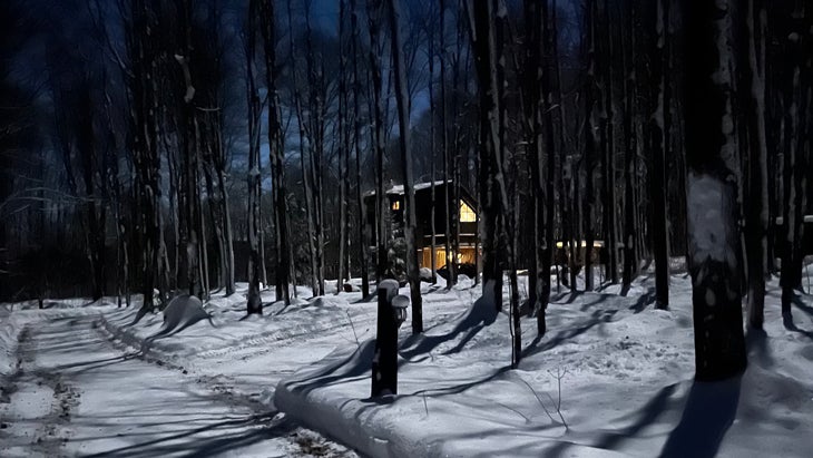 cabin in snowy woods at night with lights on