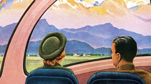 old-fashioned illustration of couple driving in car, looking at mountains
