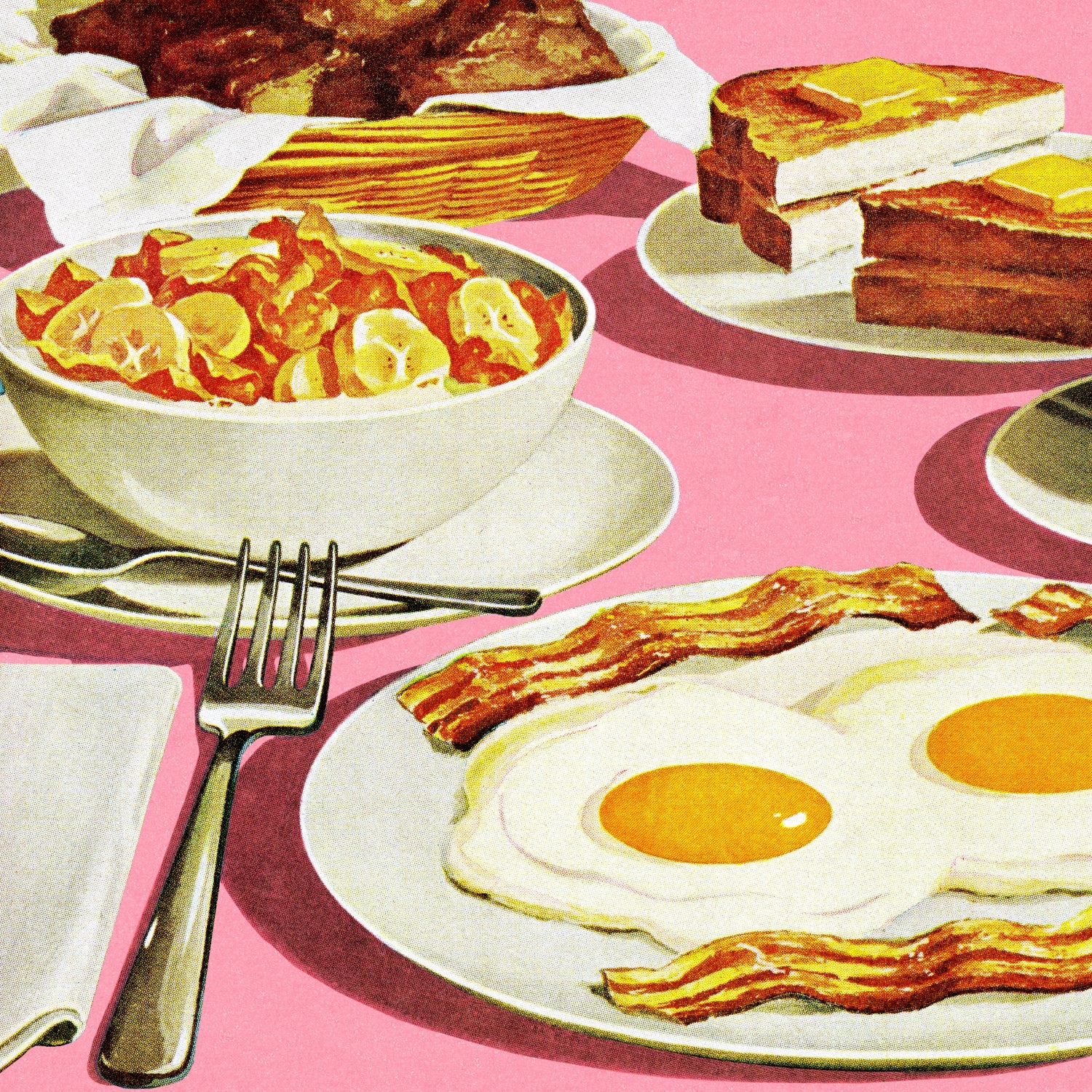 Full breakfast spread on pink background