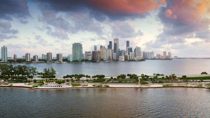 Hobie Island Beach Park and Miami skyline at dusk