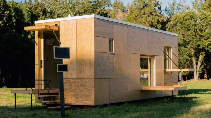 An innovative wooden Jyubako cabin at Snow Peak Campfield in Washington