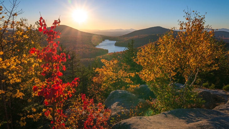 Autumn vista in Killington Vermont with gorgeous bright red and orange foliage