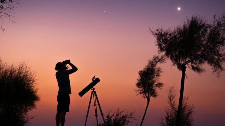 A man at dusk holds a pair of binoculars up to his eyes to gaze up at a bright planet in the sky. Next to him is a telescope set up on a tripod.