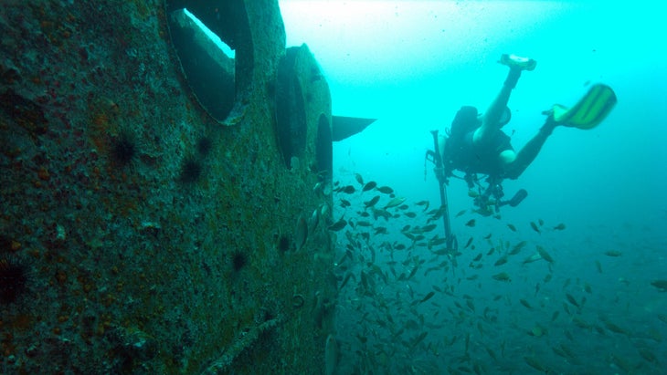 Scuba diver in a wet suit explores a wreck in Panama City Beach while holding a spear gun in one hand