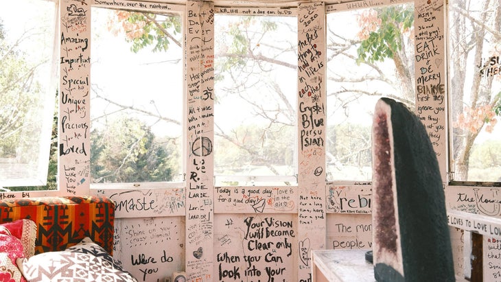 looking out from inside the meditation tower at the Horse Shoe Farm