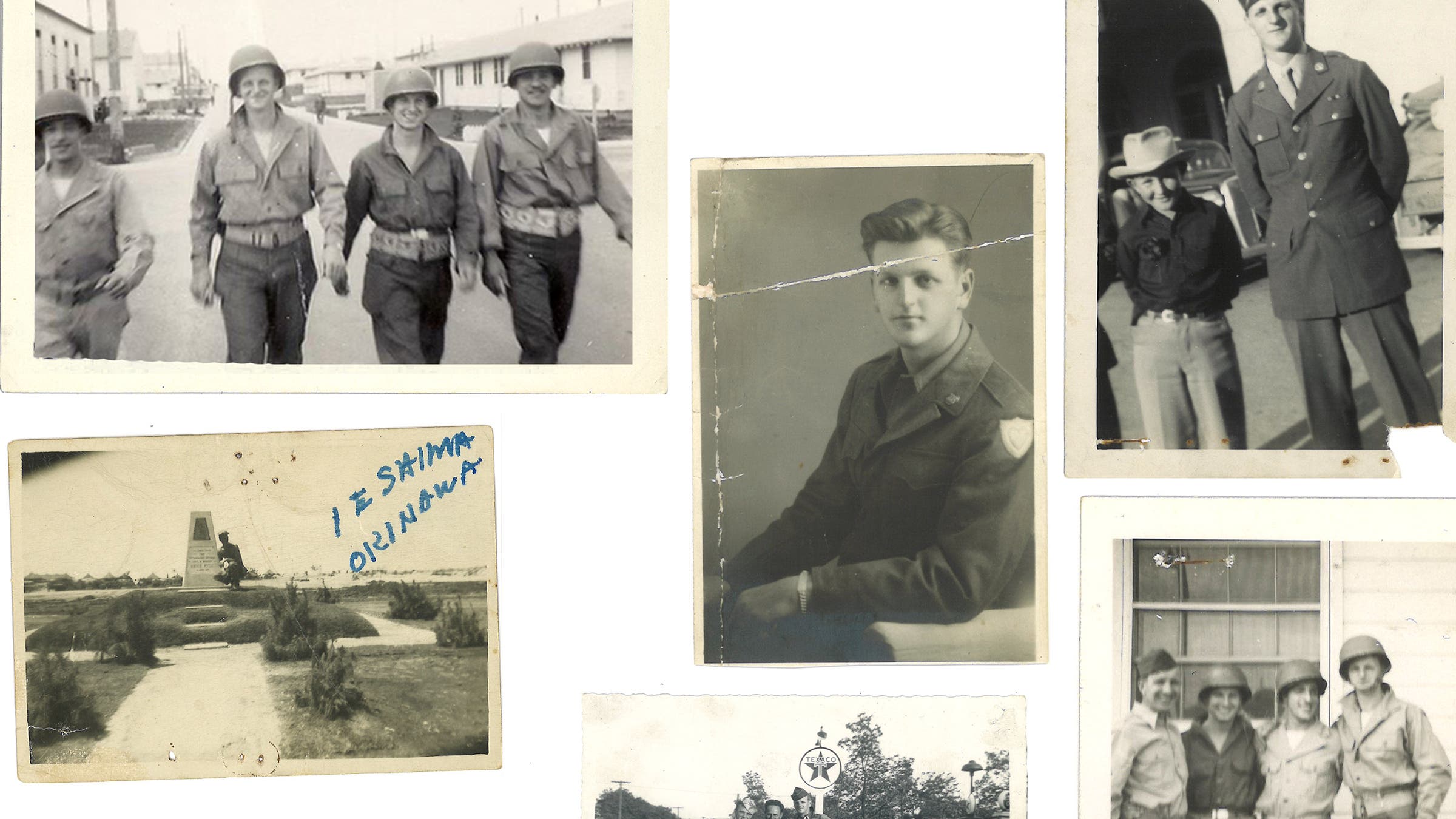 Clockwise from top left: Ben Kasser (center left) at Fort Jackson, South Carolina, in 1944; in uniform before his deployment; in Wyoming, where he was stationed in the fall of 1944; (far right) with fellow soldiers; at war correspondent Ernie Pyle’s ­monument on Iejima in the summer of 1945