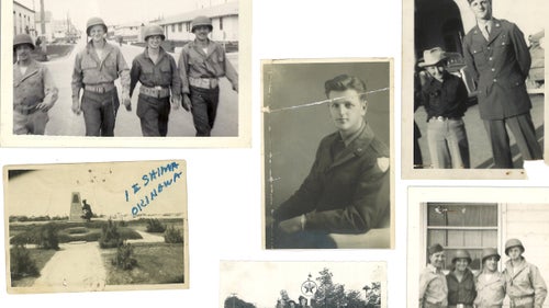 Clockwise from top left: Ben Kasser (center left) at Fort Jackson, South Carolina, in 1944; in uniform before his deployment; in Wyoming, where he was stationed in the fall of 1944; (far right) with fellow soldiers; at war correspondent Ernie Pyle’s ­monument on Iejima in the summer of 1945