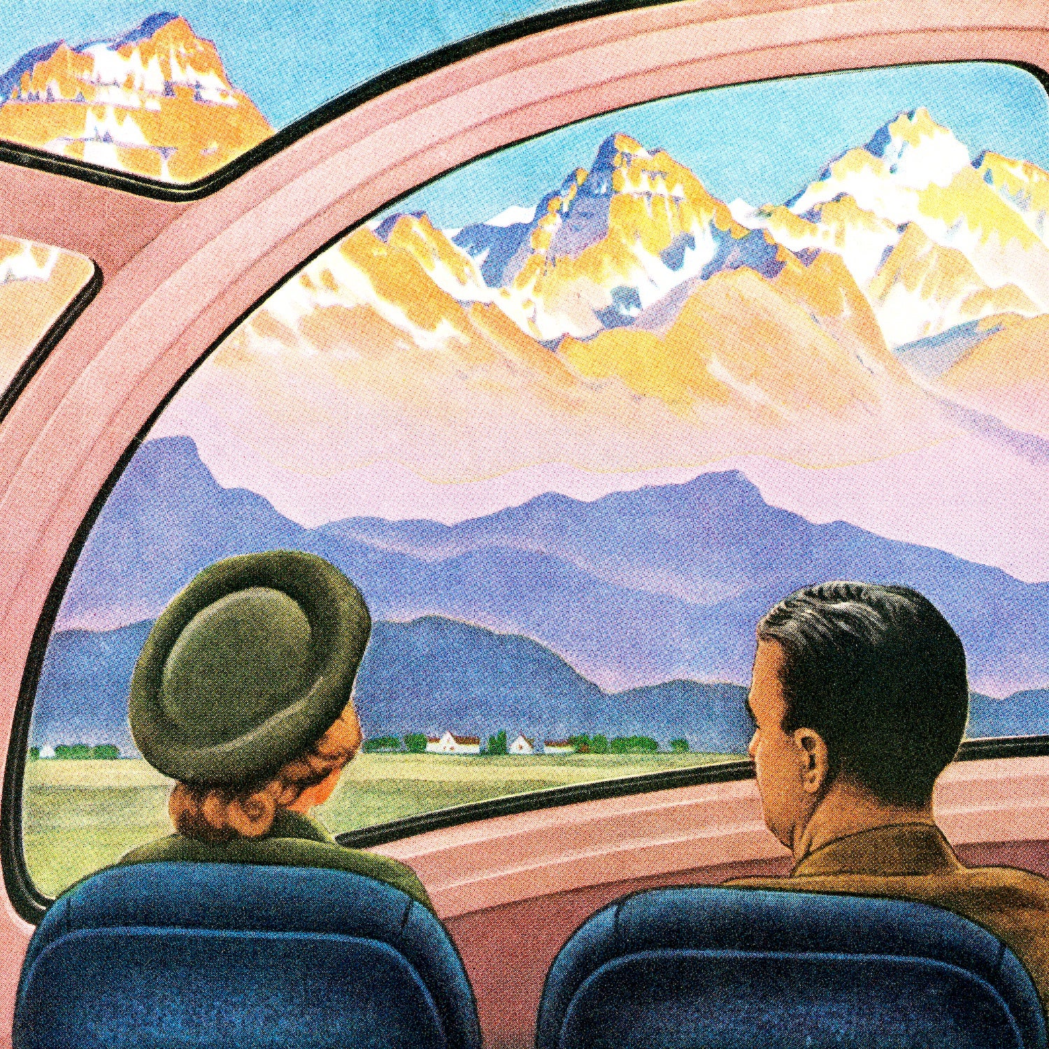 old-fashioned illustration of couple driving in car, looking at mountains