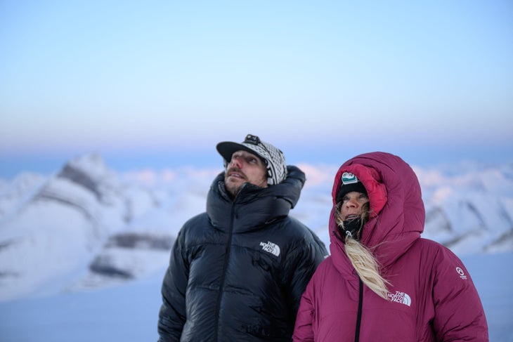 Pierrel and Lustenberger eyeing up their line on Mount Robson.