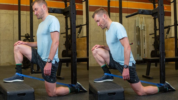 Fitness model performing an ankle mobilization move with a resistance band.