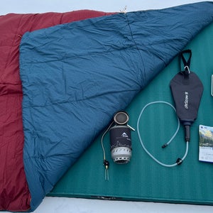 Closeup of Exped Megamat Duo and Megasleep Sleeping bag
