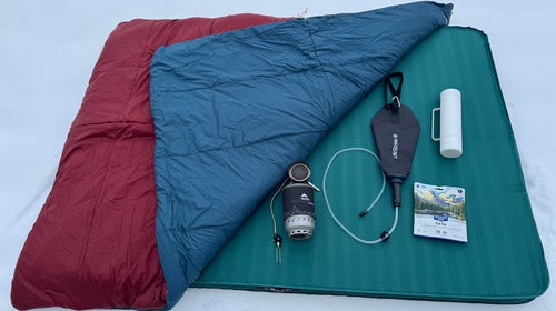 Closeup of Exped Megamat Duo and Megasleep Sleeping bag