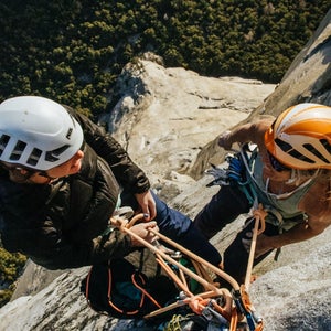 Two women climbers tied into an anchor on The Nose in Yosemite