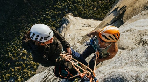 Two women climbers tied into an anchor on The Nose in Yosemite