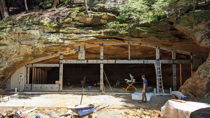 Bryant Gingerich constructing the Cave Airbnb rental on his Ohio Hocking Hills property