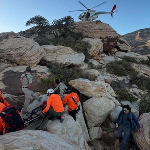 rescue team on rocks in orange jackets