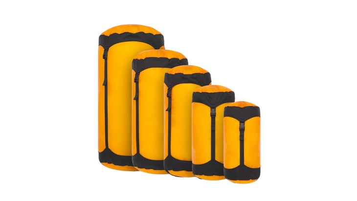 collection of five vertical orange bags