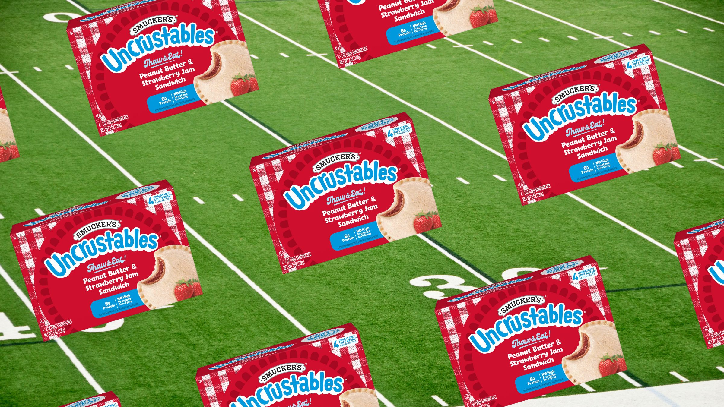 Uncrustables over a football field