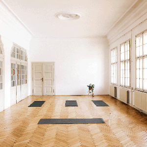 An empty yoga studio with wood floors and windows and white walls and yoga mats but no students