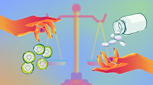 Concept of hormone balancing, one hand dropping food and the other hand catching pills