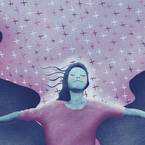 illustration of woman with eyes closed looking up into stars/sky