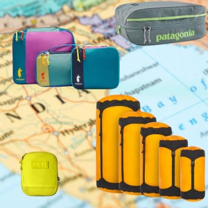 colorful map with colorful packing cubes and bags on top