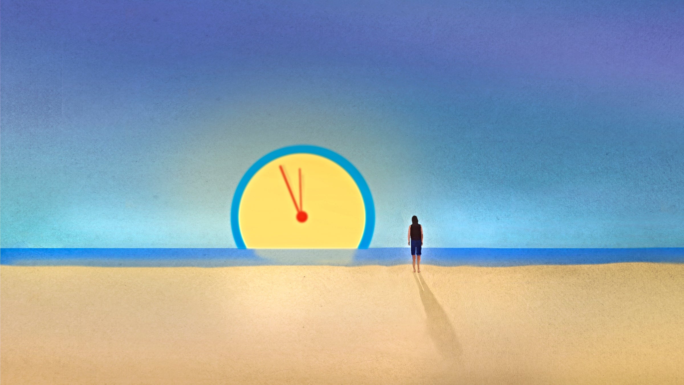 Woman on beach looking at oversized clock disappearing over horizon