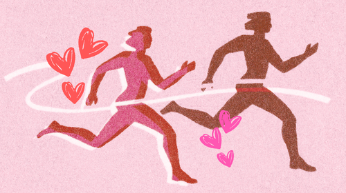 Two people running side by side. Hearts surround them.
