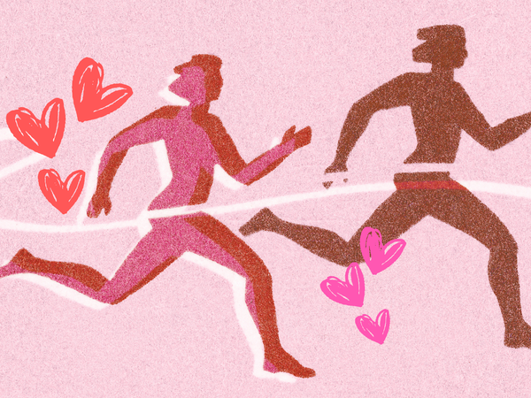 Two people running side by side. Hearts surround them.