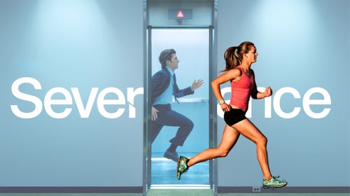 Severance promo with a woman running next to the main character.