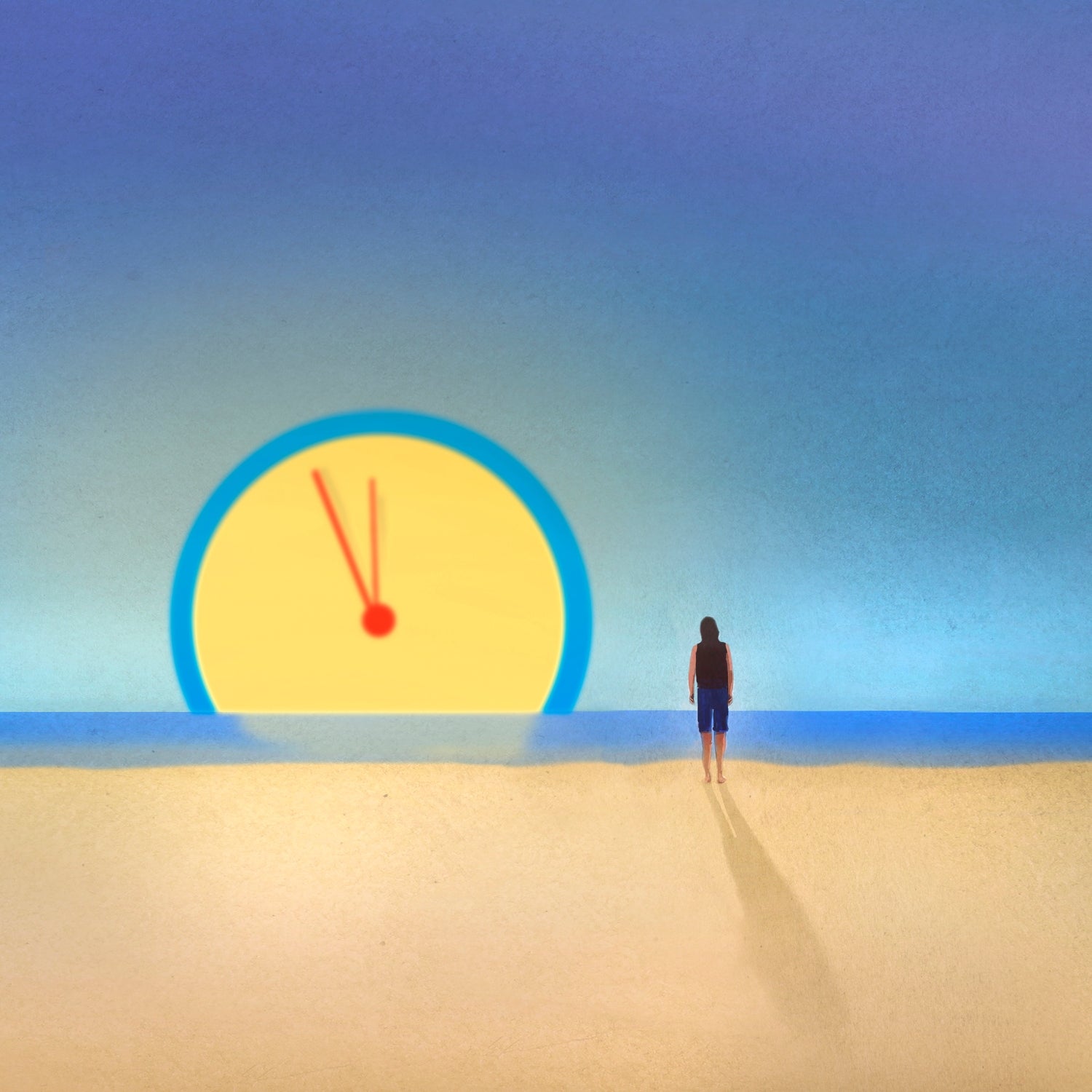 Woman on beach looking at oversized clock disappearing over horizon