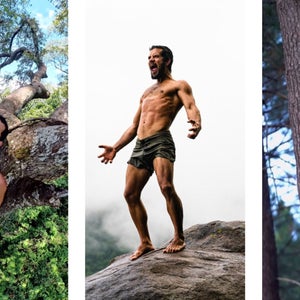 three shots from Instagram of man in tree, on rock, and climbing another tree