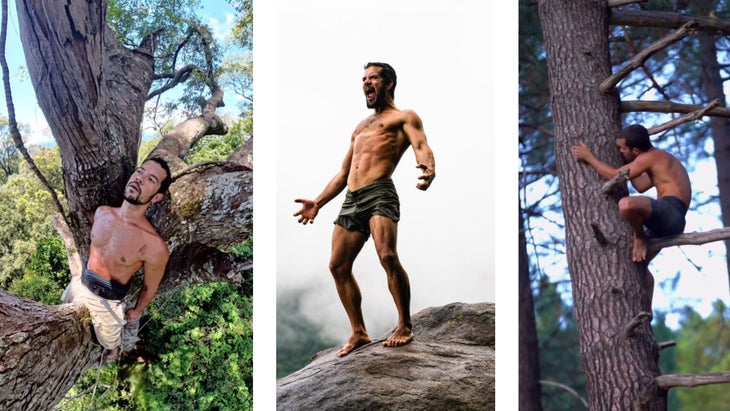 three shots from Instagram of man in tree, on rock, and climbing another tree