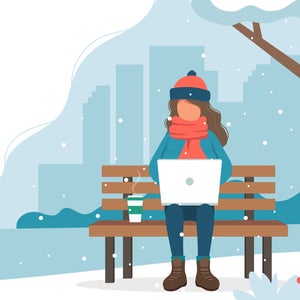 illustration of woman sitting in snow, on bench, with laptop