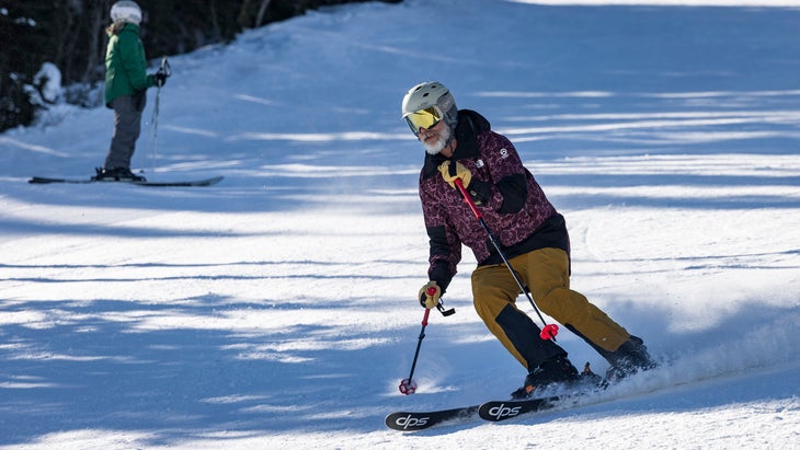 Skier carving on DPS Pisteworks 79 ski at Deer Valley