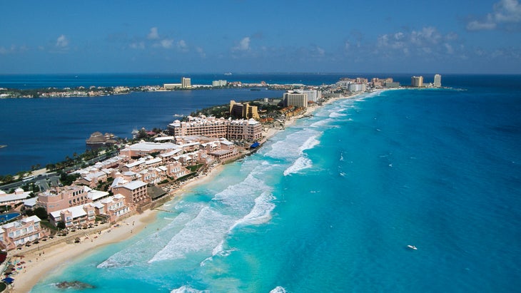 Cancun, Mexico ariel view of the beach and hotels