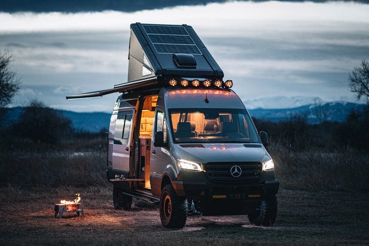 Redtail Skyloft Van parked at dusk at dispersed campsite