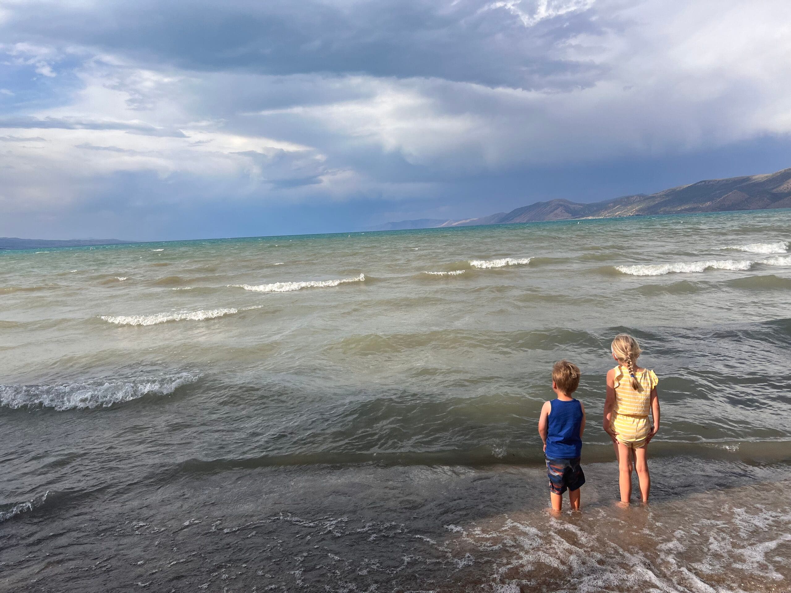A lake on a windy day with two kids standing in the water