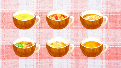 Six types of bone broth on a red tablecloth background to drink before, during, or after a workout; post recovery