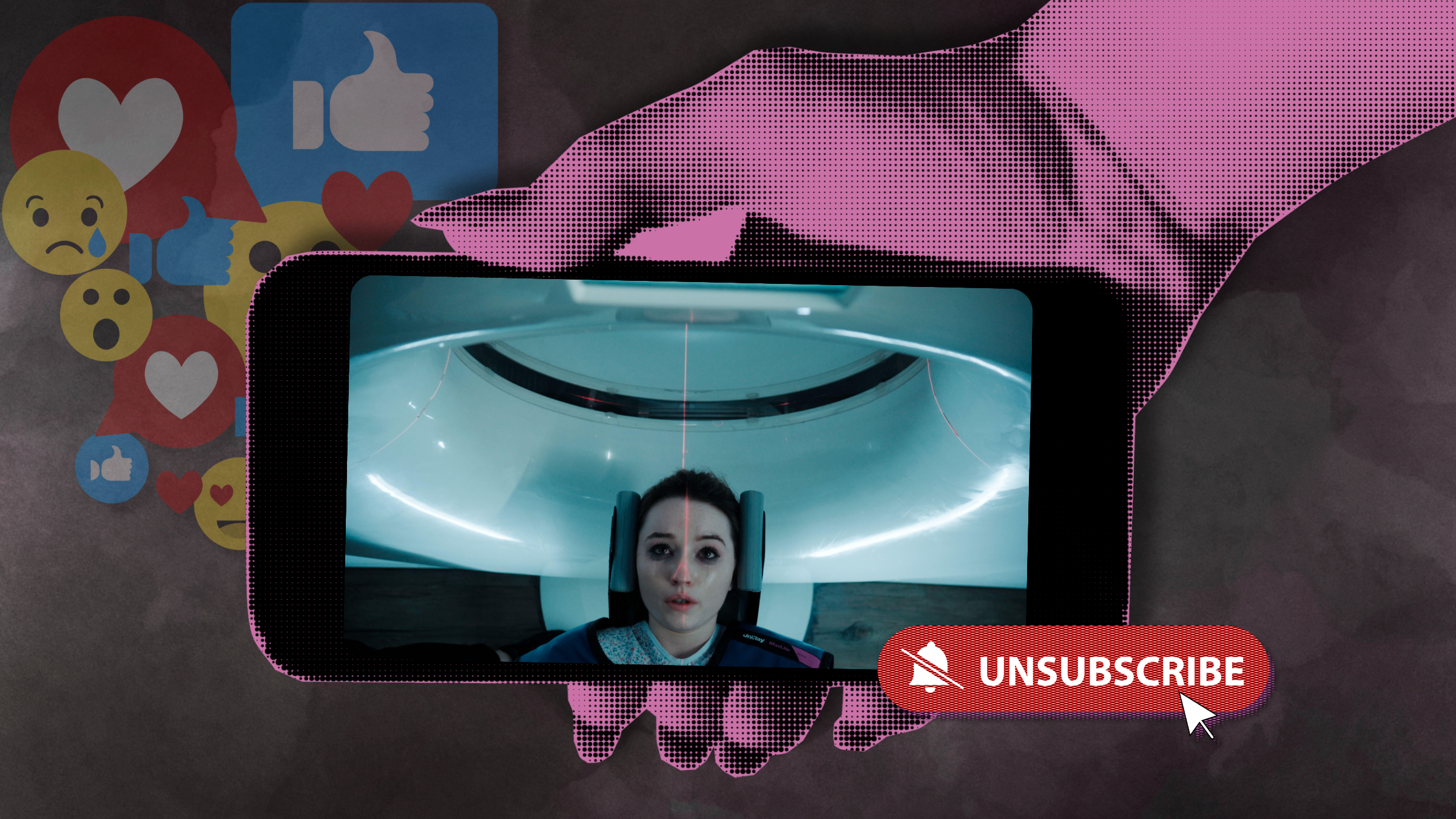 Pink hand holding an iPhone with a screen grab from Netflix apple cider vinegar cider series, mixed emoji reactions, and a red unsubscribe button; on a dark charcoal grey background